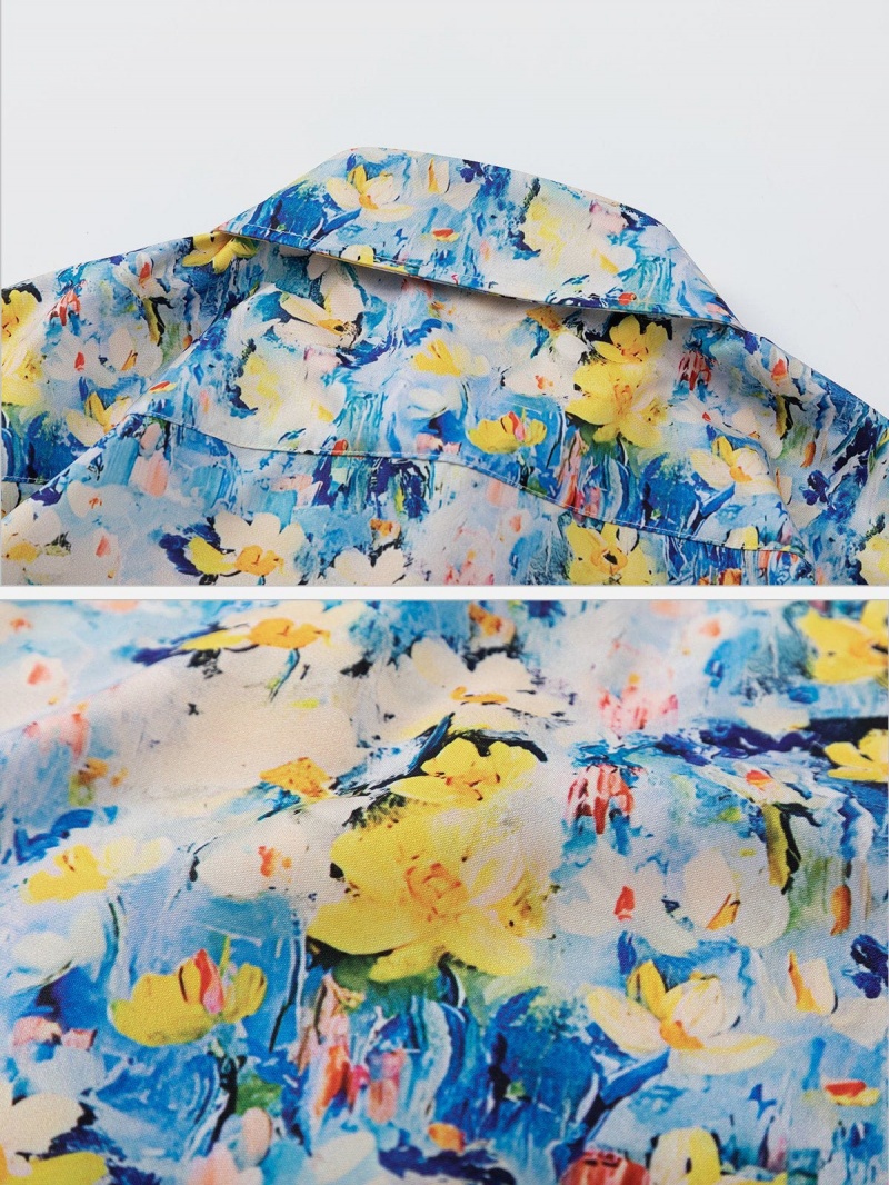 Bleu  Chemise à Manches Courtes Aelfric Eden Vintage Small Daisy Oil Painting Doodle Print - DBN-8855308